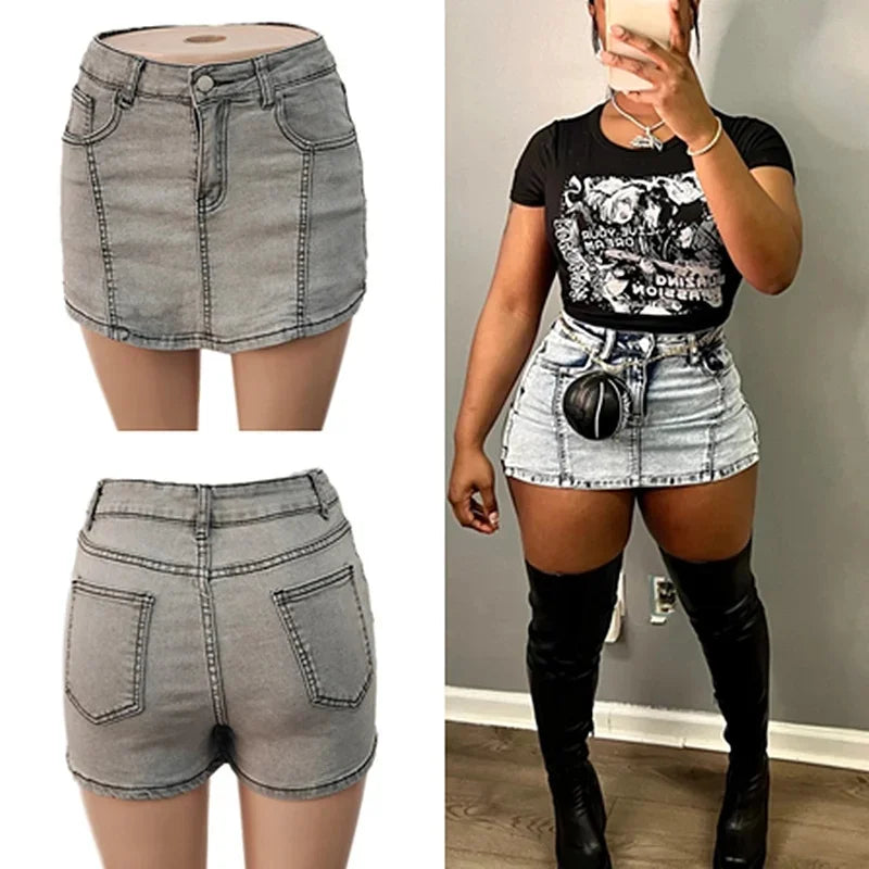 FAGADOER Y2k Denim Shorts Women Pleated Skirt Shorts Summer Stretchy Casual Shorts Retro 90s Fashion Streetwear Short Pants