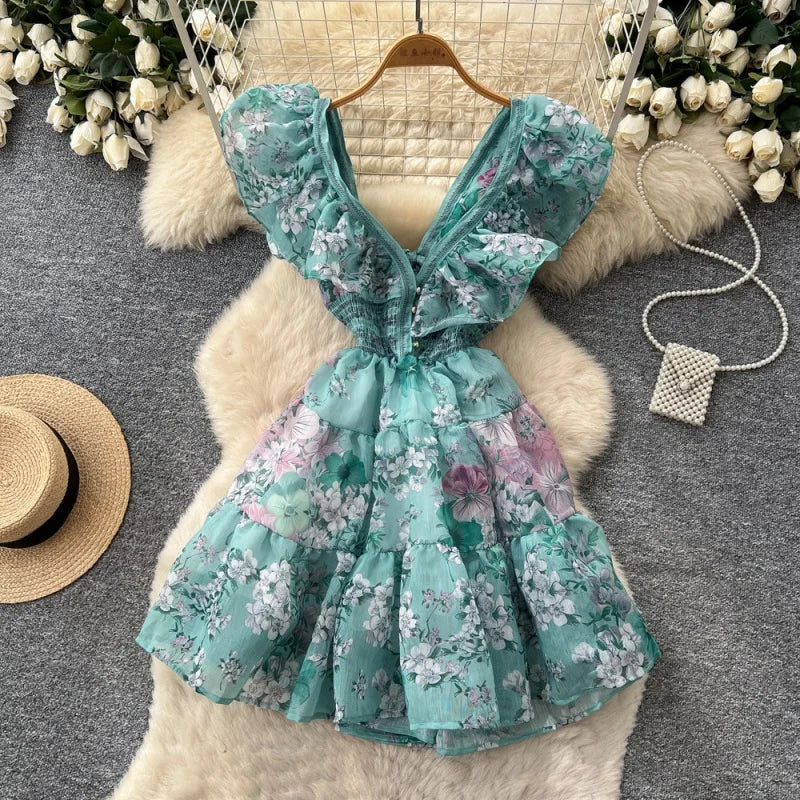 Boho Summer Floral Ruffle Cutout Mini Dress for Women