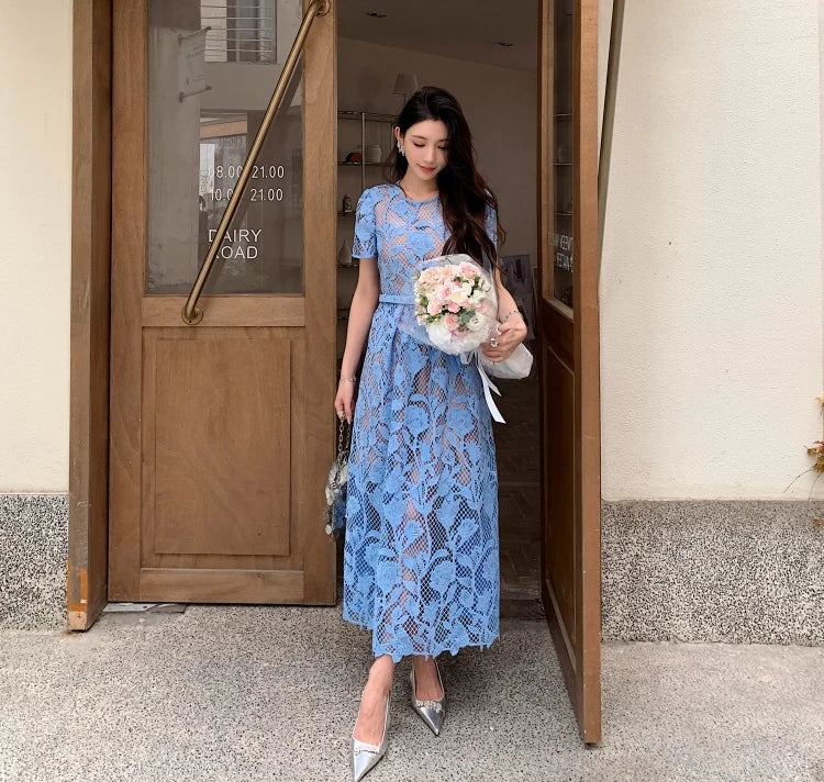 High-end Blue Heavy Lace Hollow Round Neck Short Sleeve Women's Summer Dresses New Elegant High Waist Slim Long Party Dress
