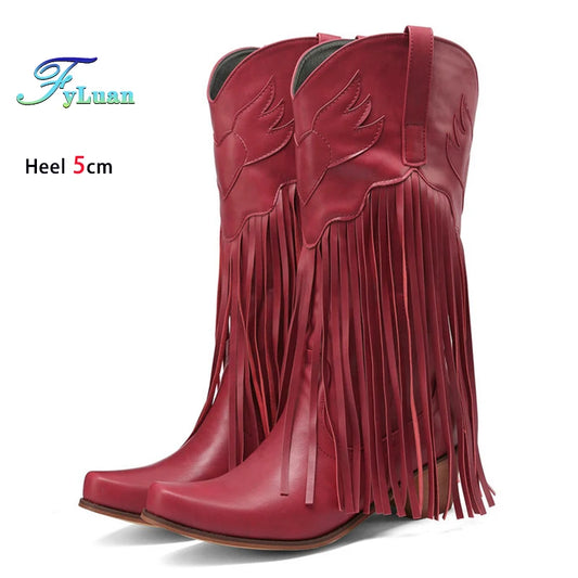 Retro Western Mid Calf Boots With Tassels