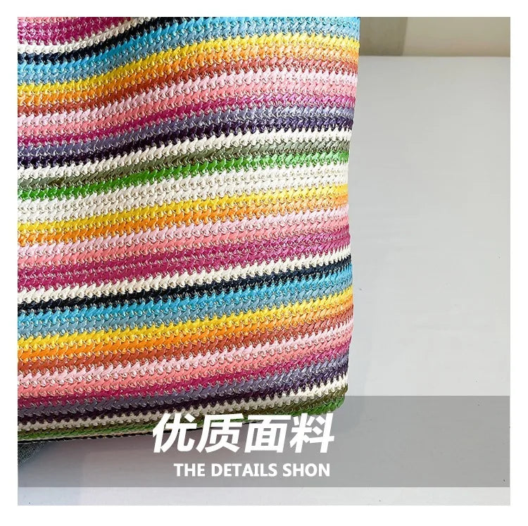 New straw woven bag, large capacity tote bag, crossbody striped letter contrasting beach bag