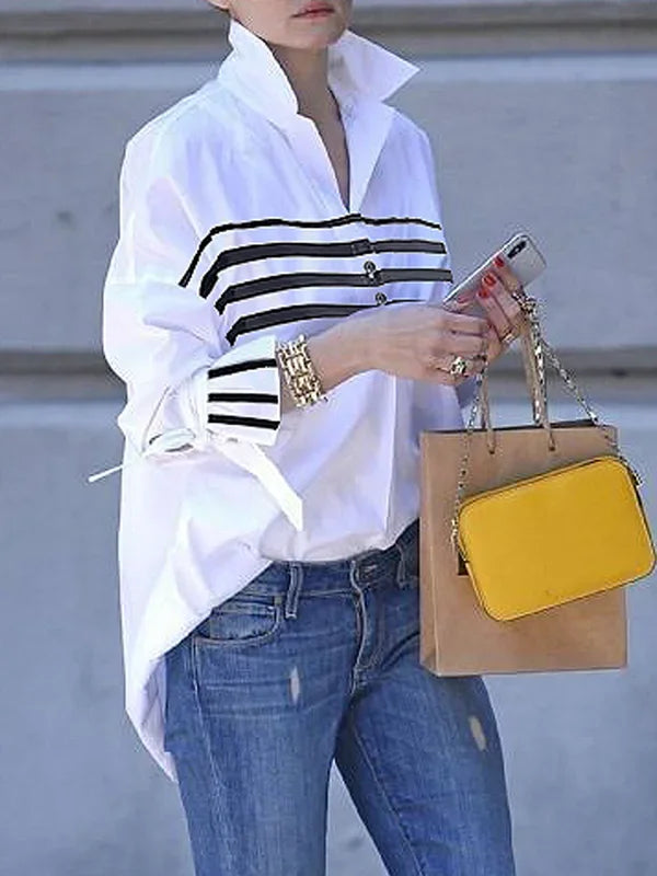Lemongor Women's Lapel Shirts 2025 New Spring Fashion Striped Contrast Color Buttoned Flared Sleeves Loose Urban Casual Blouses