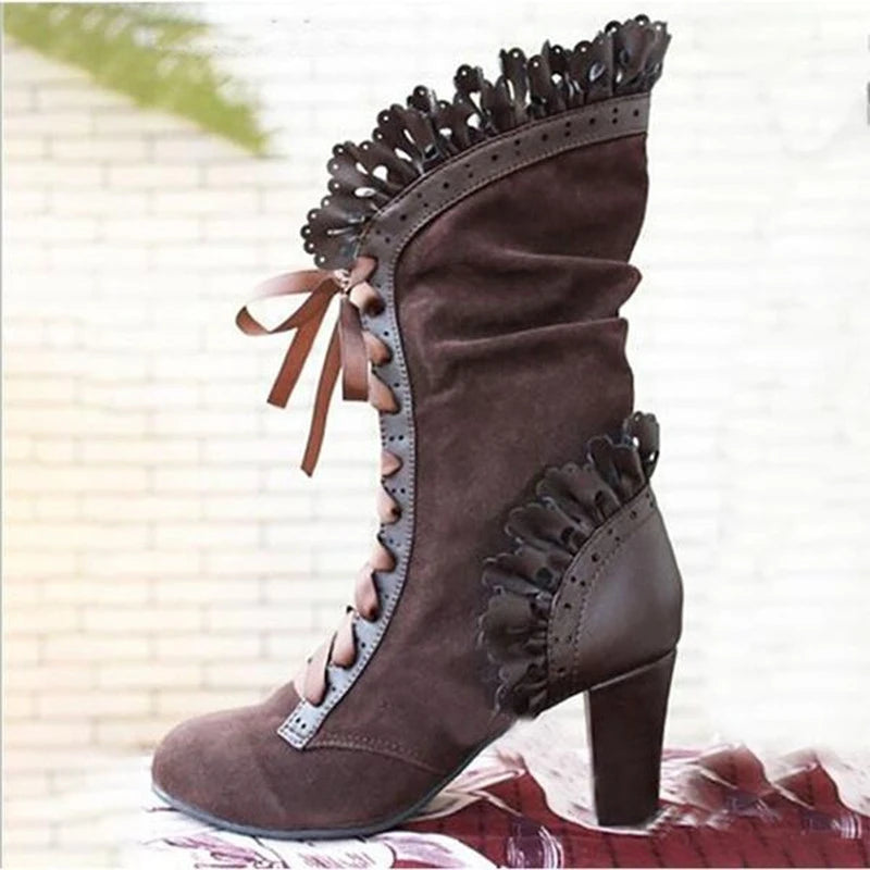 Vintage Lace Up Ruffle Hoof Heel Knee High Boots For Women