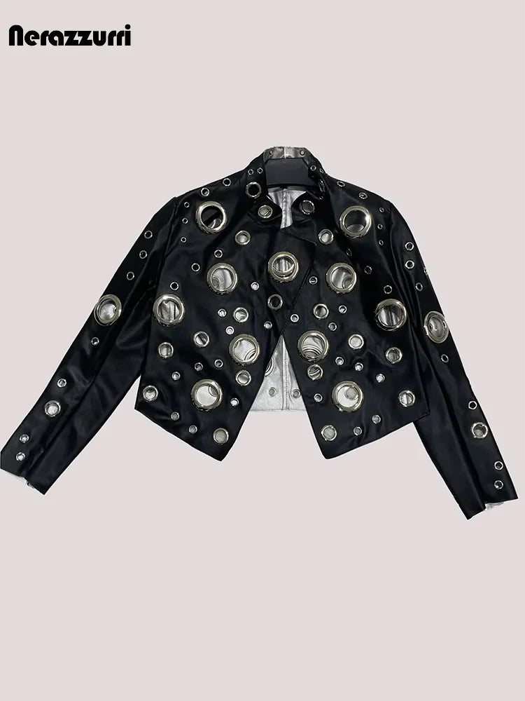 Sequin Hollow Out Patchwork Faux Leather Jacket For Women