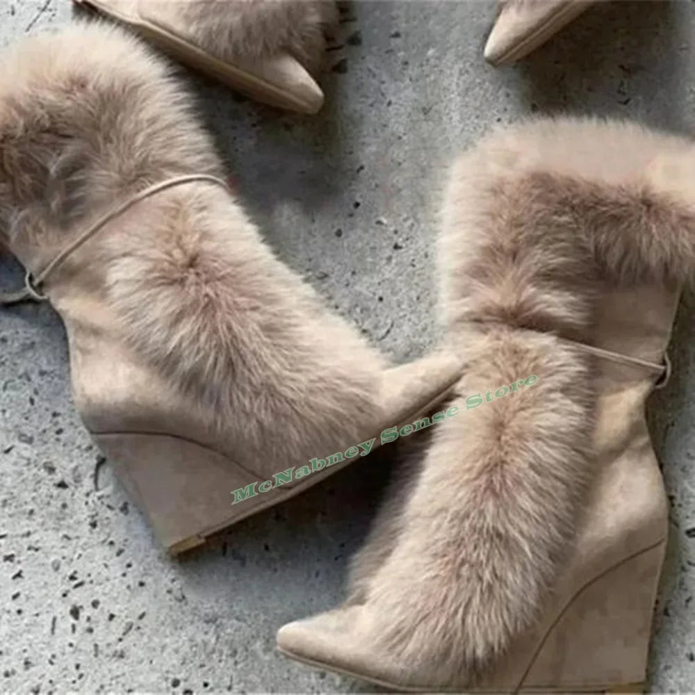 Suede Pointed Toe Lace Up Mid Calf Wedge Boots For Women