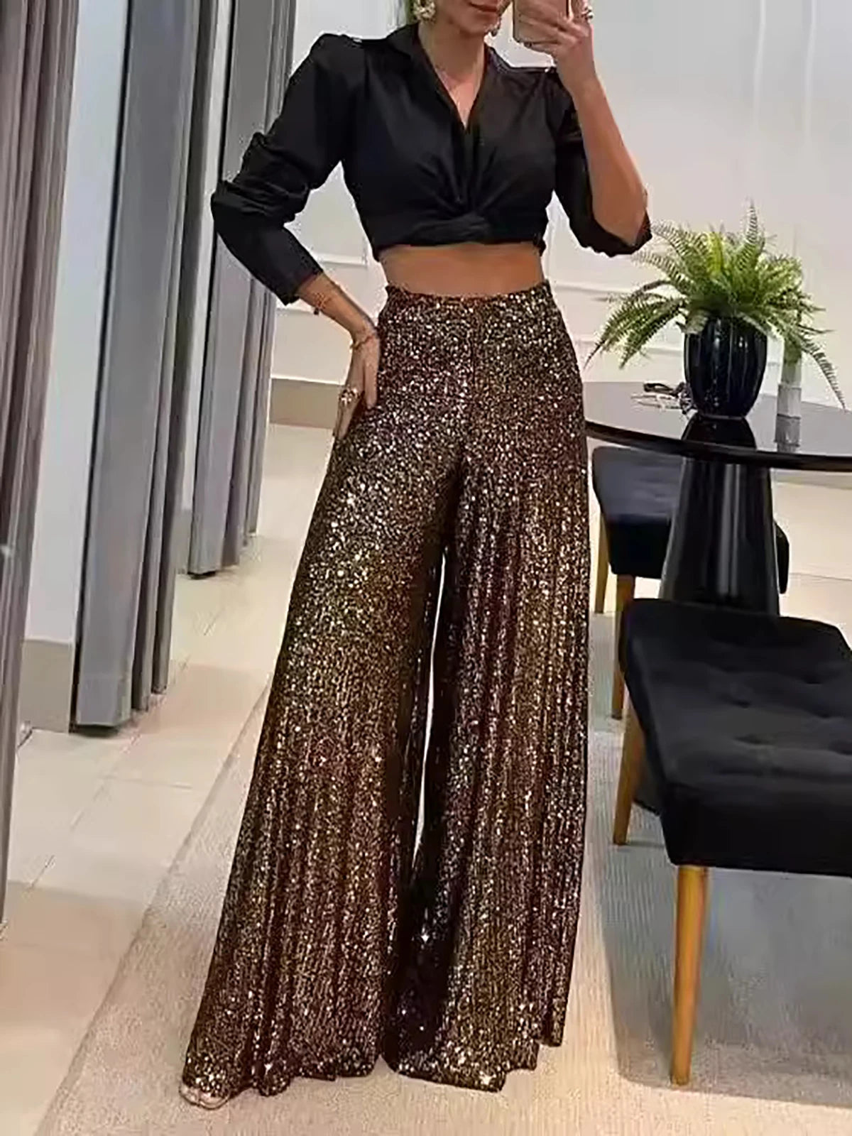 Elegant High Waisted Pleated Chiffon Wide Leg Pants for Women