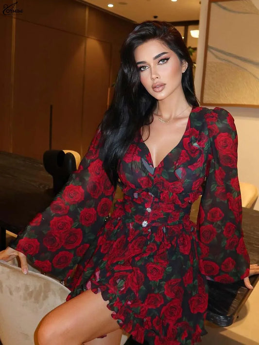Oymimi Elegant Red Print Womens Dresses Fashion V-Neck Long Sleeve Button Dresses Casual High Waisted Ruffled Mini Dress Female