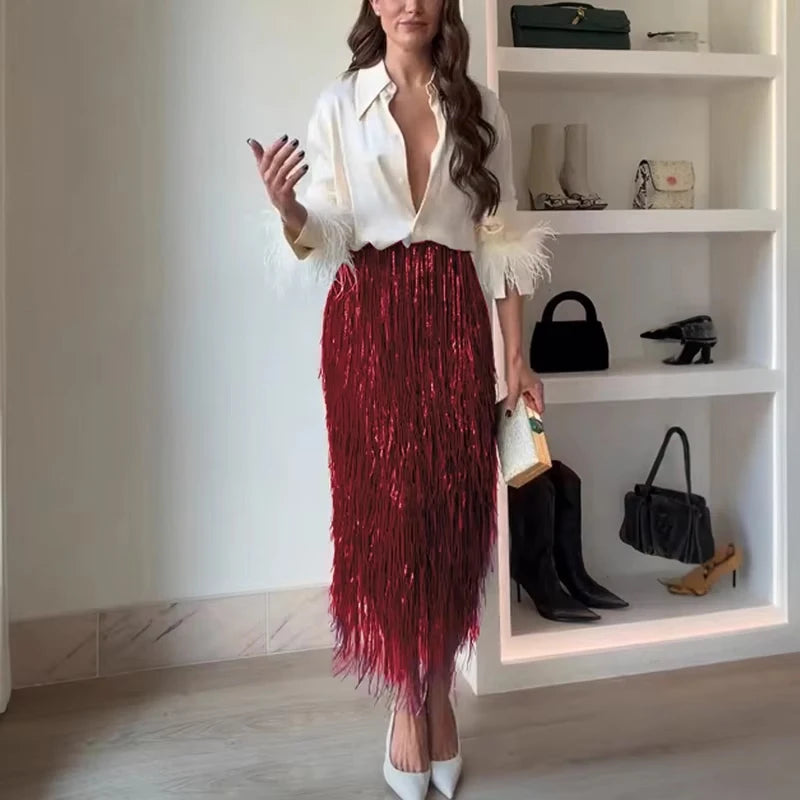 Fashion Lapel Button Shirt & Fringed Skirt Set Women Casual Long Sleeve Party Skirt Outfits Elegant Sequined Long Skirt 2Pc Suit