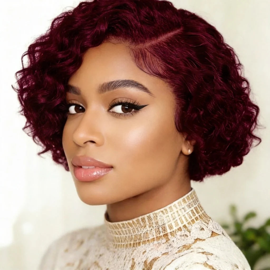 Natural Black Short Curly Pixie Lace Front Wig for Women