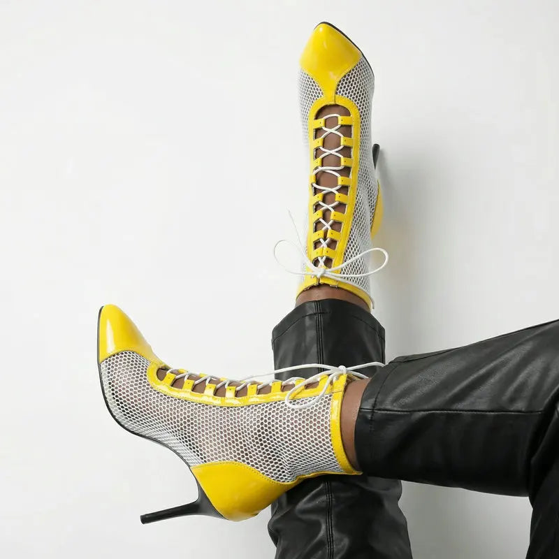 Breathable Mesh Pointy Toe Lace Up Thin Heel Ankle Boots for Women
