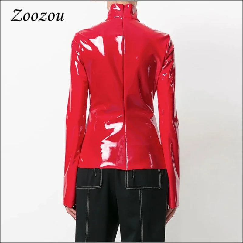 Faux Patent Leather Turtleneck Top