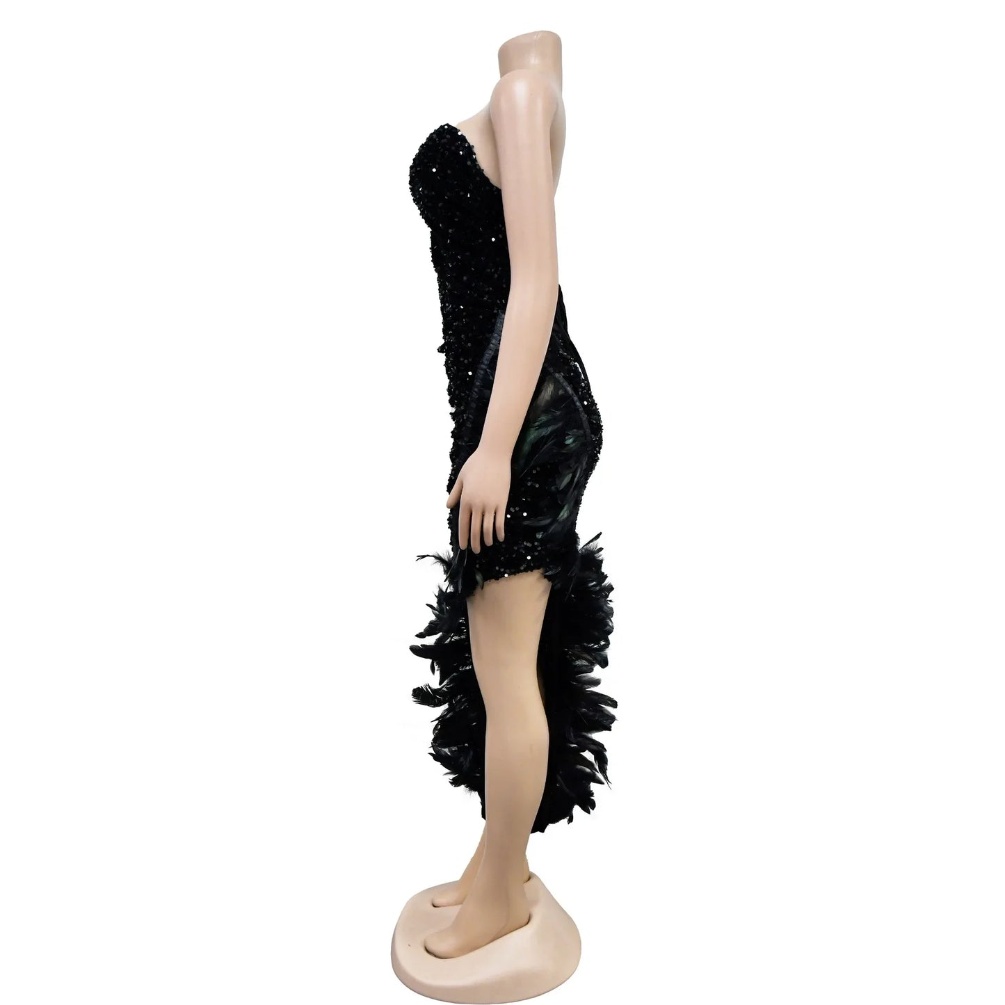 CM.YAYA Women Sequined Mesh Patchwork Strapless Feather Side High Side Split Maxi Dress 2023 Evening Sexy Long Dresses Vestidos