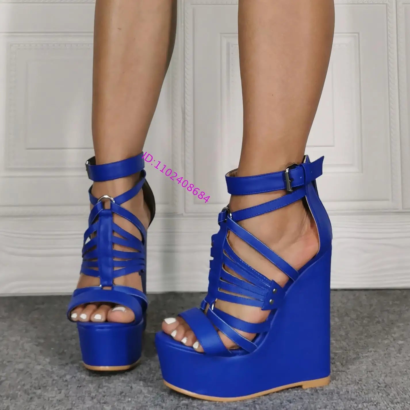 Blue Leather Open Toe Platform Wedge Sandals for Women