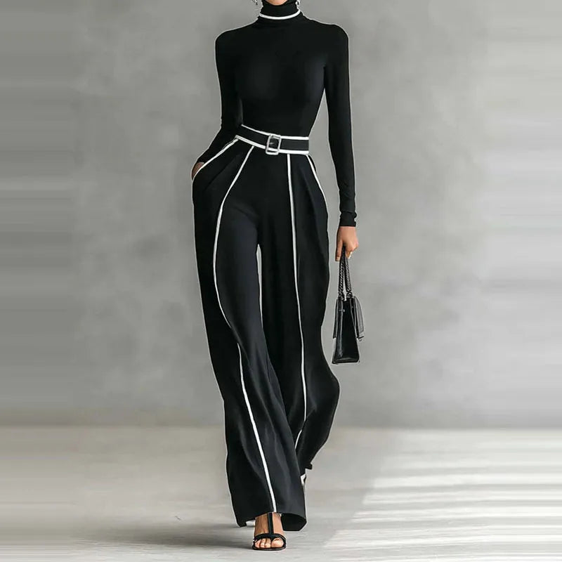 Vinage Contrast Color Slim Straight Outfit Women Casual Turtleneck Bottoming Top & High Waist Pants Set Autumn Long Sleeve Suits