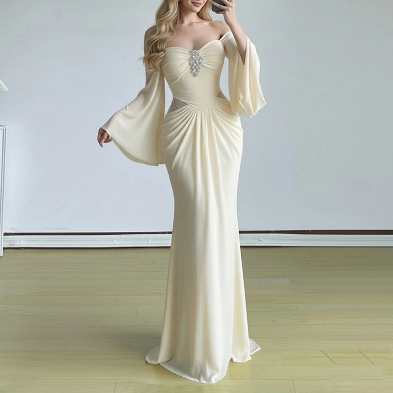 2026 Sexy Backless Draped Party Dress Elegant Strapless Flared Sleeves Evening Dress Women Fashion Hight Waist Solid Long Dress