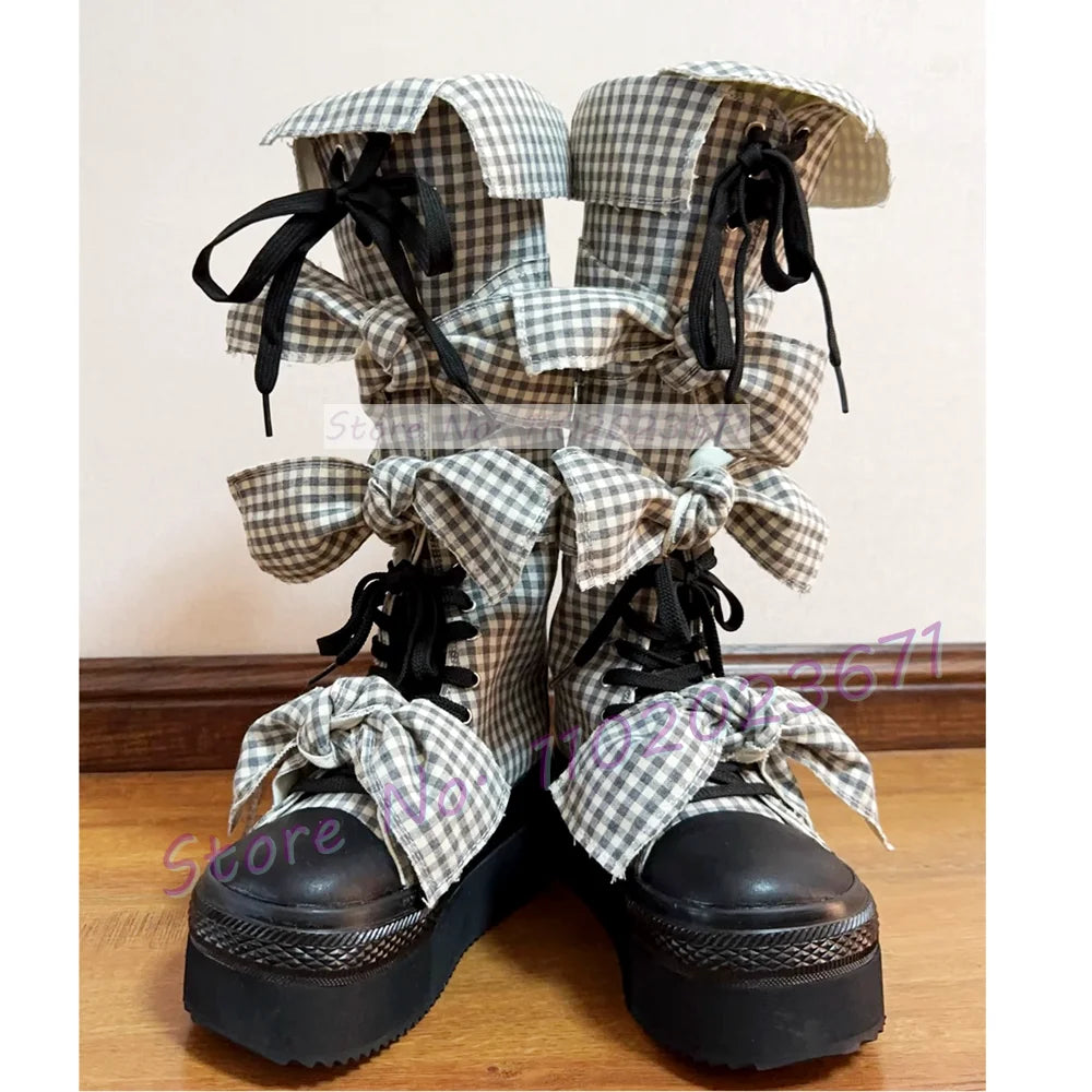 Bowknots Thick-sole Long Canvas Shoes Women Trendy Round Toe Cool Plaid Shoes Girl's Lolita Sweet Lace-up Platform Tall Boots