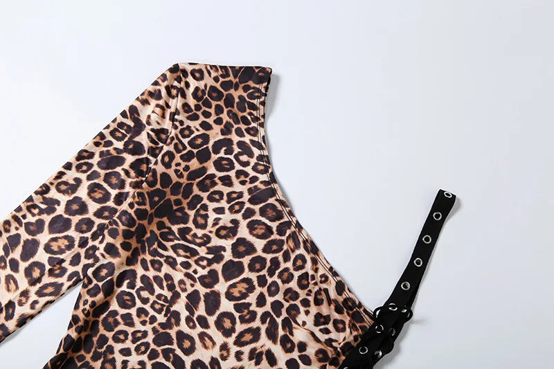 Leopard Print Off Shoulder Backless Bandage Patchwork Dress for Women