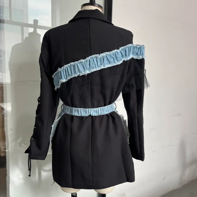 Stylish Patchwork Denim Mini Dresses Lace Deep V-neck Jacket Sexy Irregular Casual-chic Sexy Edgy Top Designers Streetwear