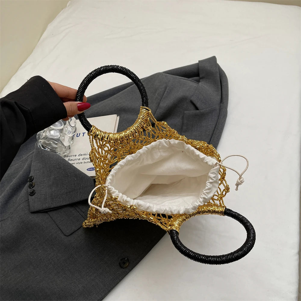 Eco Friendly Woven Round Handle Hollow Out Craft Paper Handbag for Women