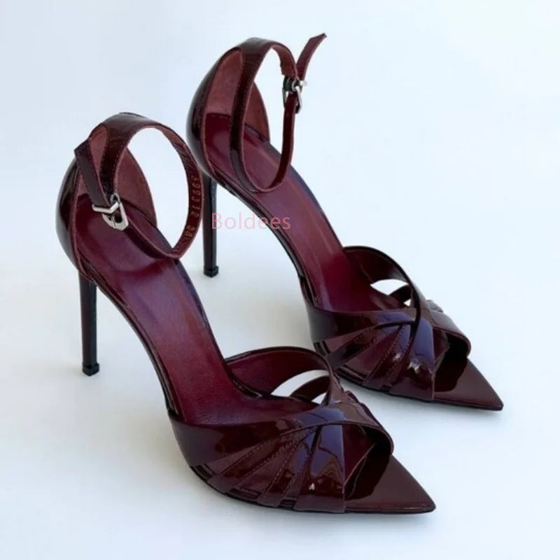 Elegant Nude Black Cross Strappy Crystal Buckle Sandals Thin Heels For Women