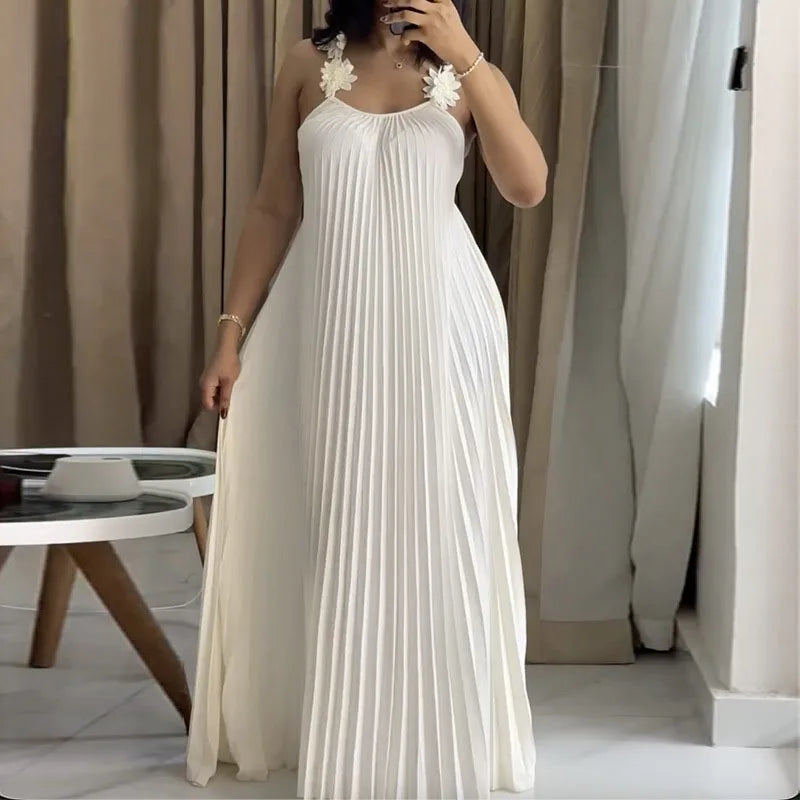 Pleated Strapless Flower Detail Maxi Dress for Women
