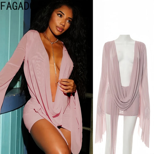FAGADOER Sexy Mesh See Through Mini Bodycon Dress Women Long Sleeves Deep V-neck Irregular Dresses Female Streetwear Vestidos