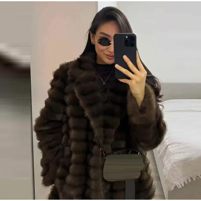 Faux Fur Belted Lapel Coat With Lace Up Front for Women