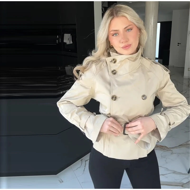 Chic Belt Women's Coat Elegant Stand Collar Full Sleeve Single Breasted  Female Jacket 2025 Autumn Fashion Commuter Windbreaker