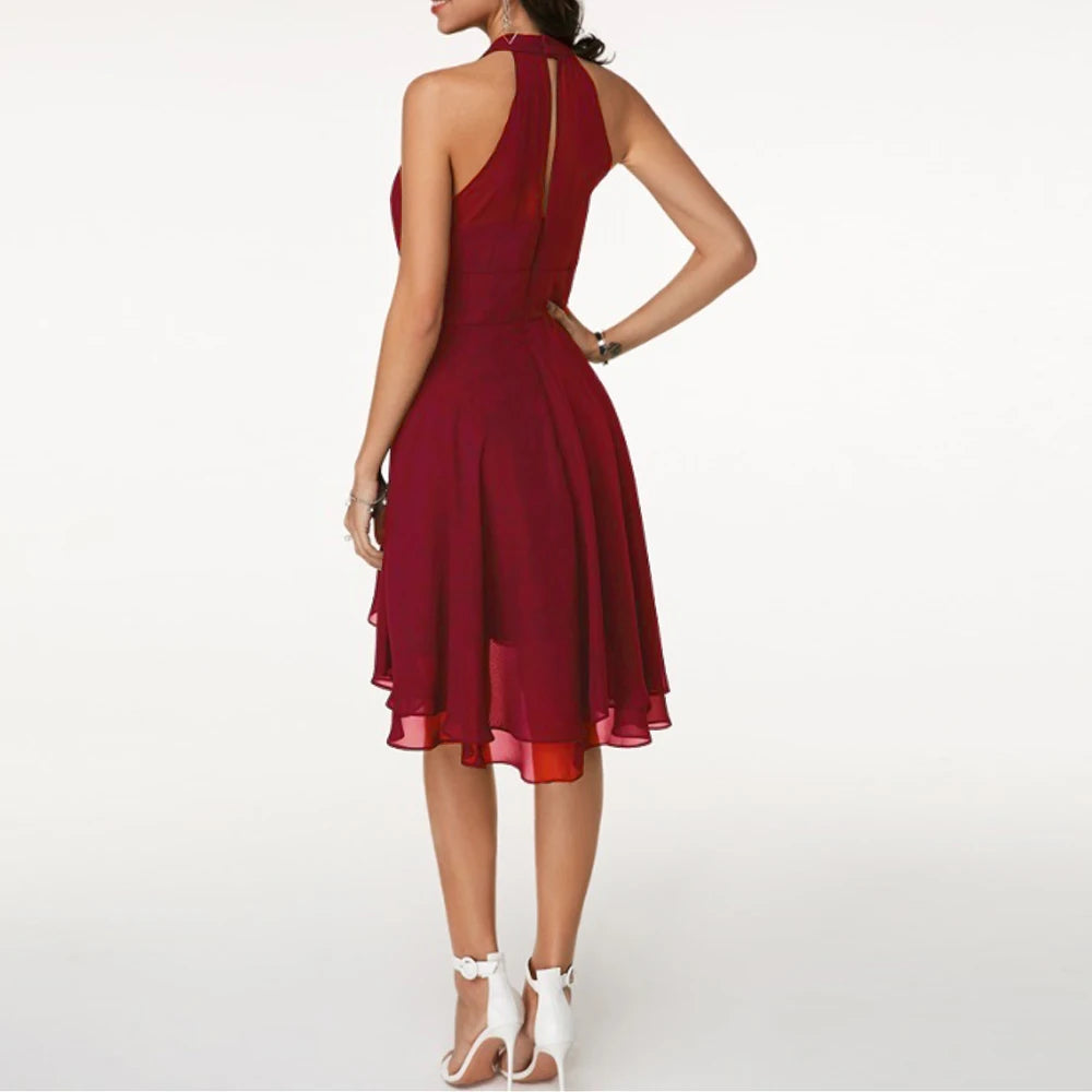 Elegant Sleeveless Halter Neck Chiffon Midi Dress for Women