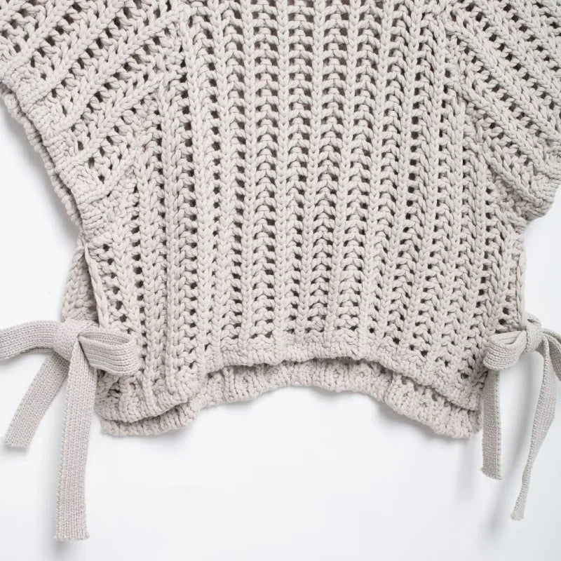 Soft Crochet With Side Bow Short Sleeves Knit Top For Women