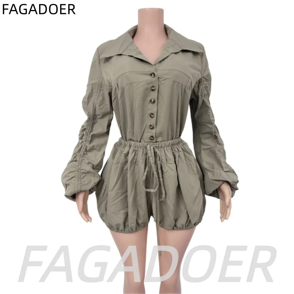 Elegant Ruched Drawstring Lantern Sleeve Romper for Women