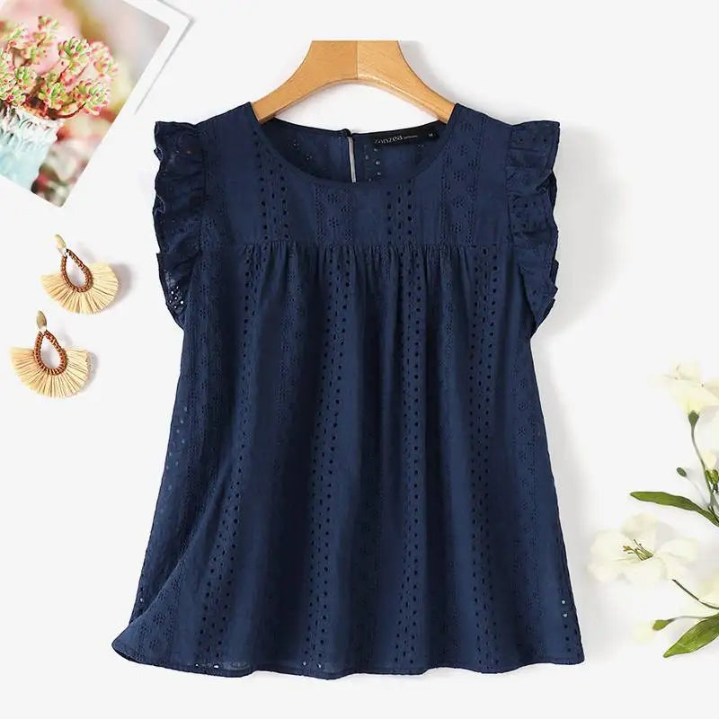 ZANZEA Summer Korean Lace Cotton Vest Women White Cap Sleeve Tanks Blouse Fashion Hollow Out Ruffle Camis Sweety O-neck Tank Top