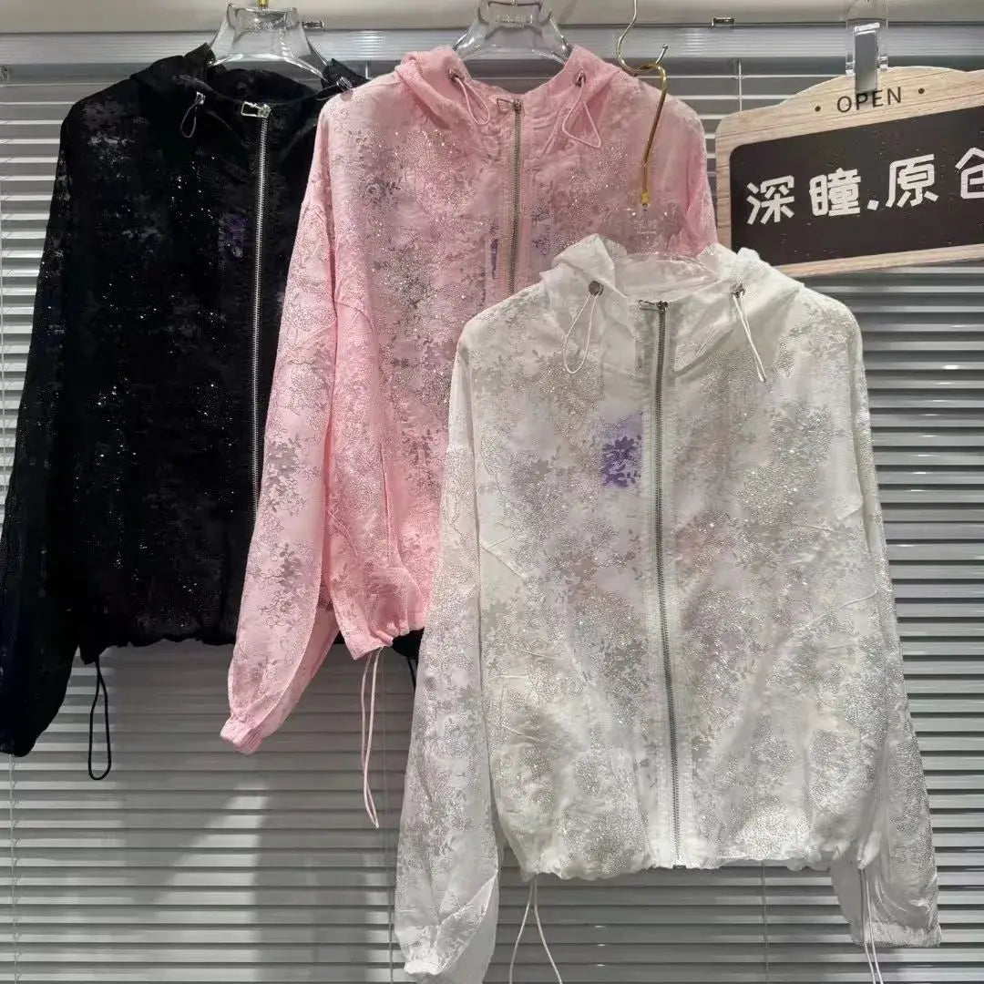 Sequined Embroidery Zip Up Hooded Blouse
