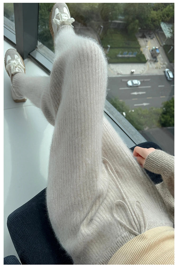 Warm Knit Elastic Waist Slim Fit Trousers for Women