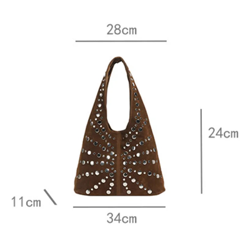 Polka Dot Rivet Tote Bag Women's Fashion Trend Texture Shoulder Bag High-end Luxury Suede Bucket Bag Commuter Female Handbag