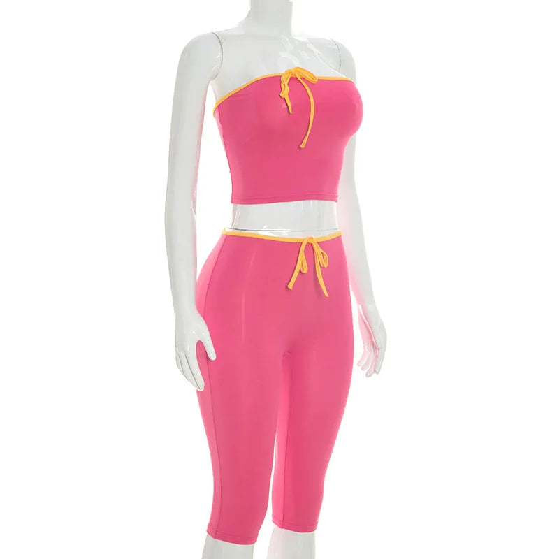 Rose Red Patchwork Lace-Up Two Piece Set for Women