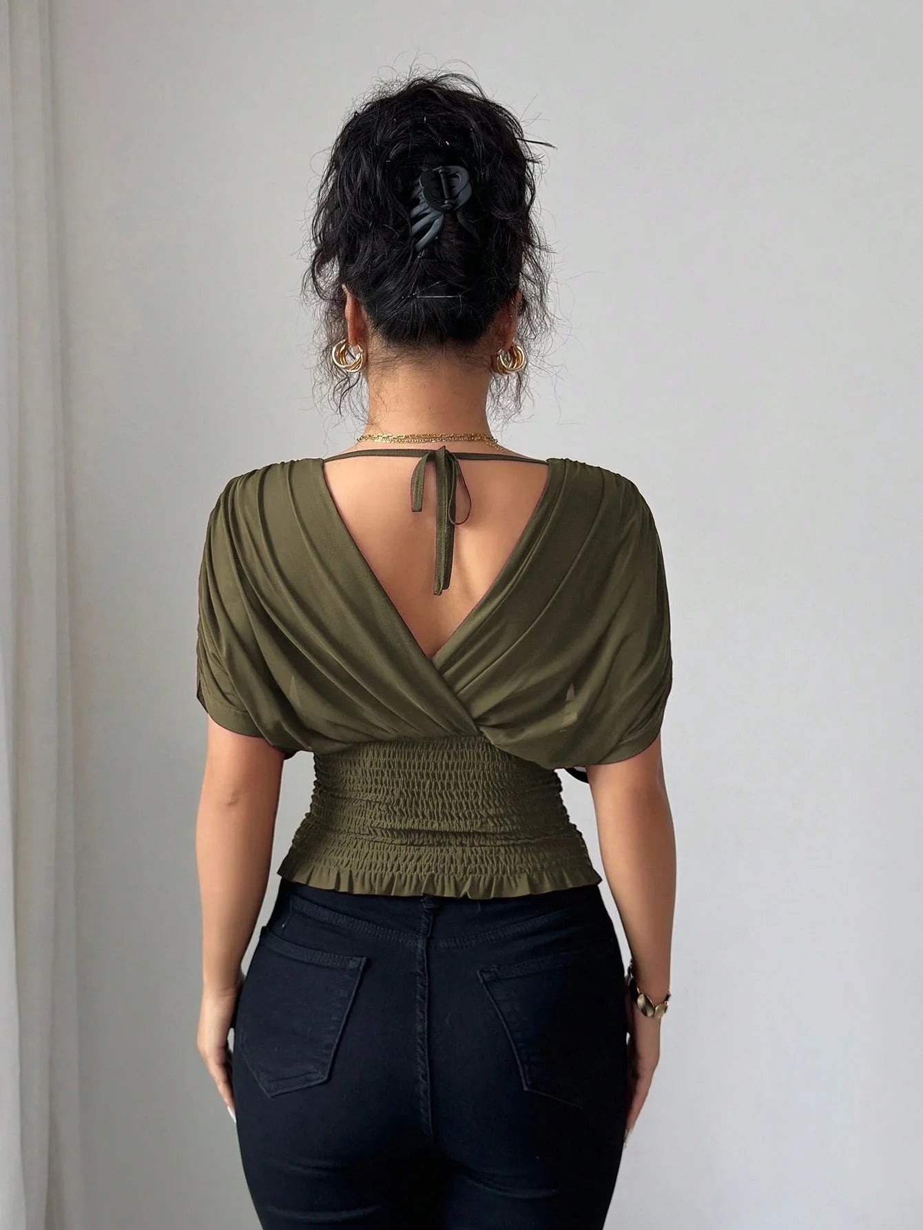 Elegant Deep V Neck Flutter Sleeve Waist Cinching Top for Women