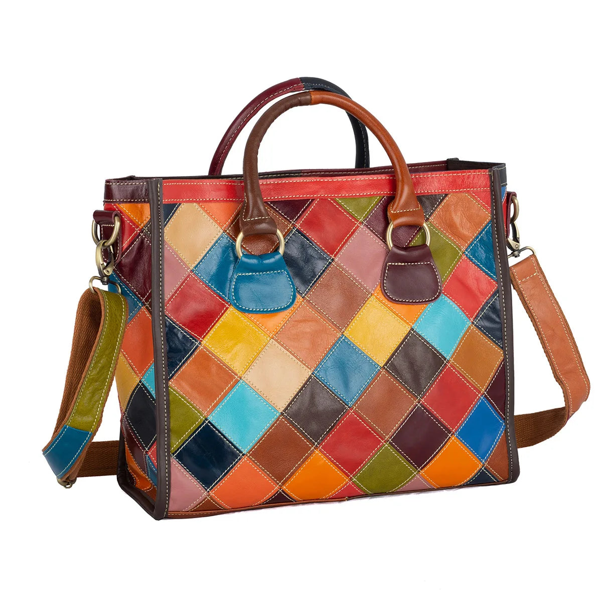 Genuine leather women's bag, ethnic style color contrasting design, large capacity tote bag, women's handbag