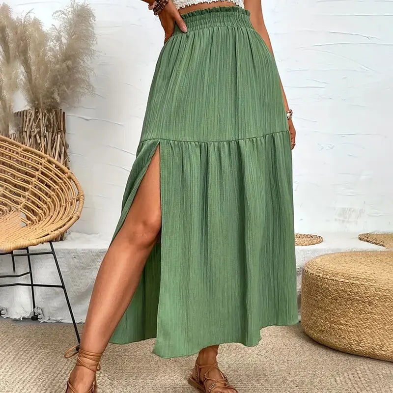New Women Skirt Fashion Bohemian Midi Skirt High Waist Solid A Line Ruffle Skirt Casual Side Slit Beach Skirts 3 Colors Skort