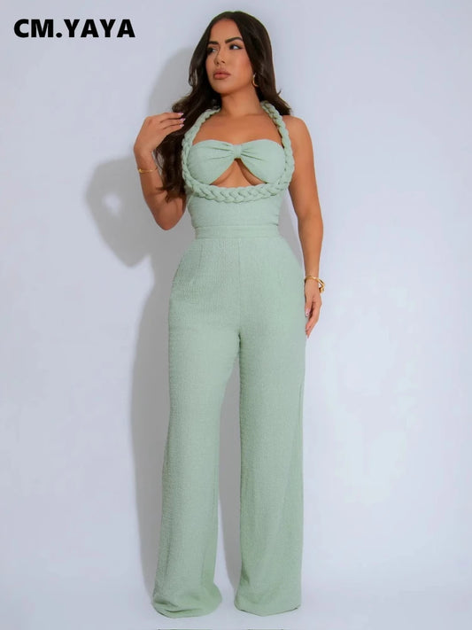 CM.YAYA Women Weave Halter Neck Backless Wide Leg Jumpsuit 2025 Chic Summer Sexy Party Club Night One Piece Suit Playsuit Romper