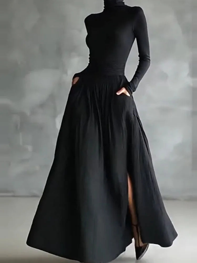 Elegant Turtleneck Pullover & Long Skirt Set Women Casual Long Sleeve Pocket Solid Skirt Outfits Fashion Draped Slim 2Pc Suits