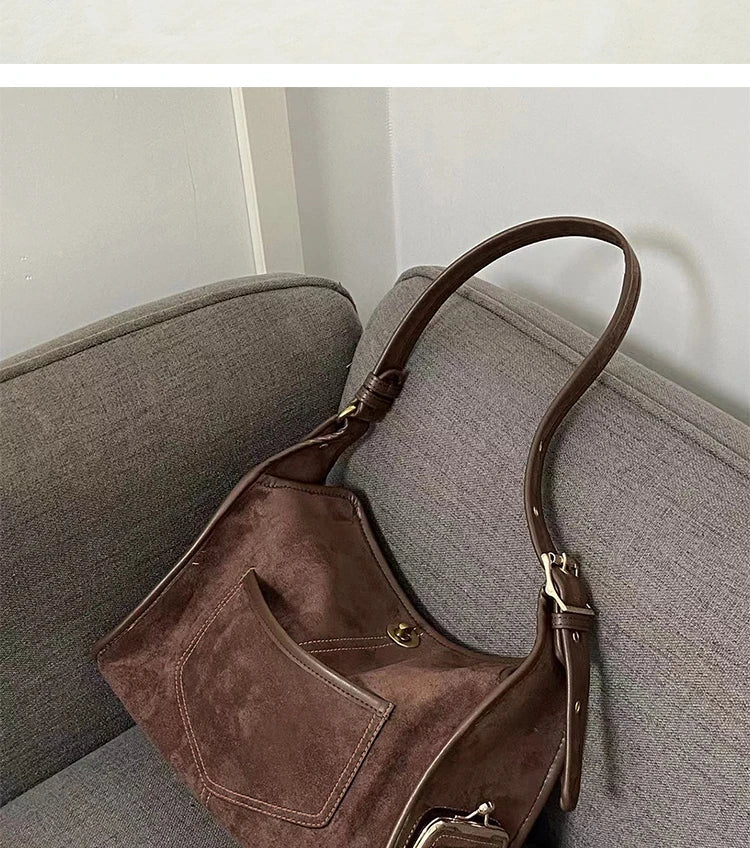 Casual Commuter Large Capacity Suede Pillow Bag Single Shoulder Crossbody Bag Vintage Style Polyester Lining Zipper Closure