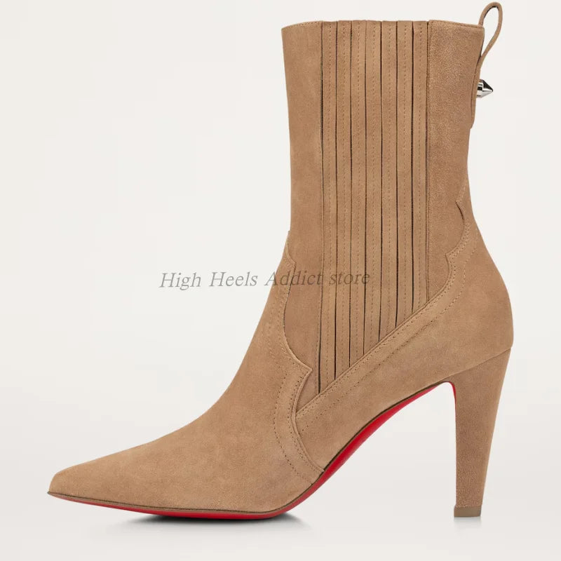 Side Zip Suede Pointy Toe Square Heel Ankle Boots For Women