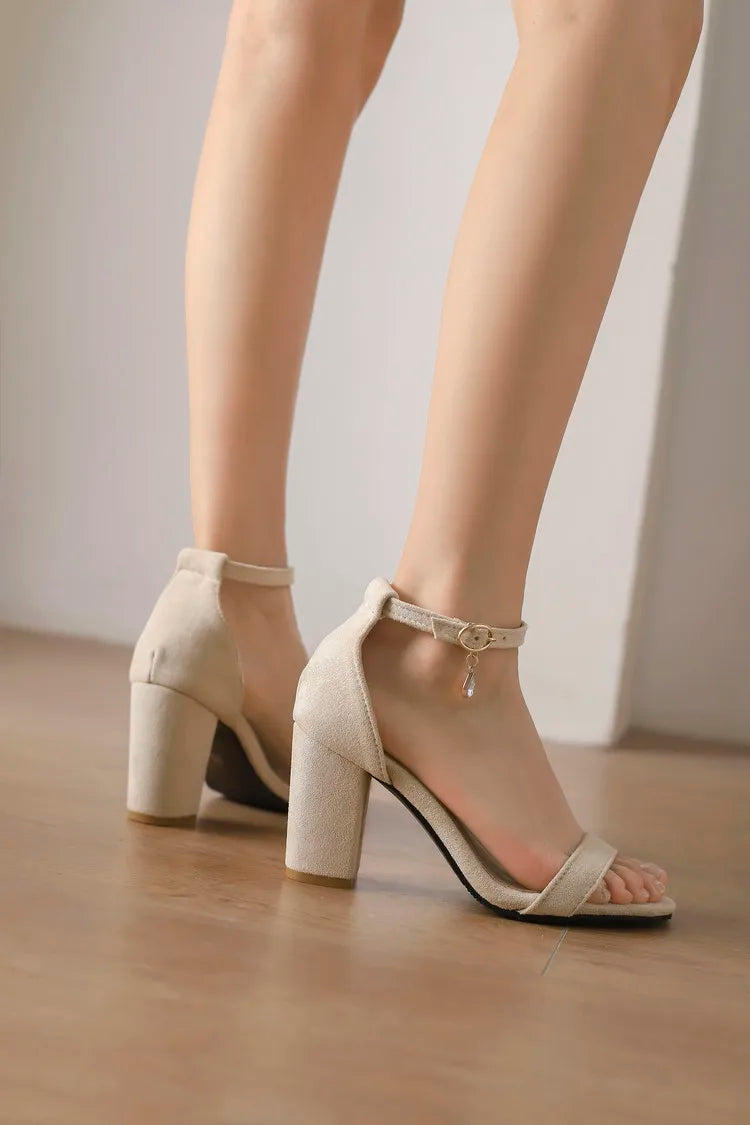 Beige Suede Rhinestone Block Heel Sandals
