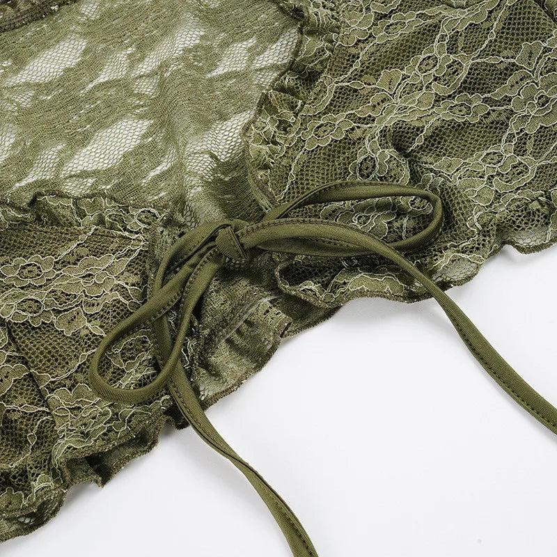 Green Sheer Lace V-Neck Flare Sleeve Top for Women
