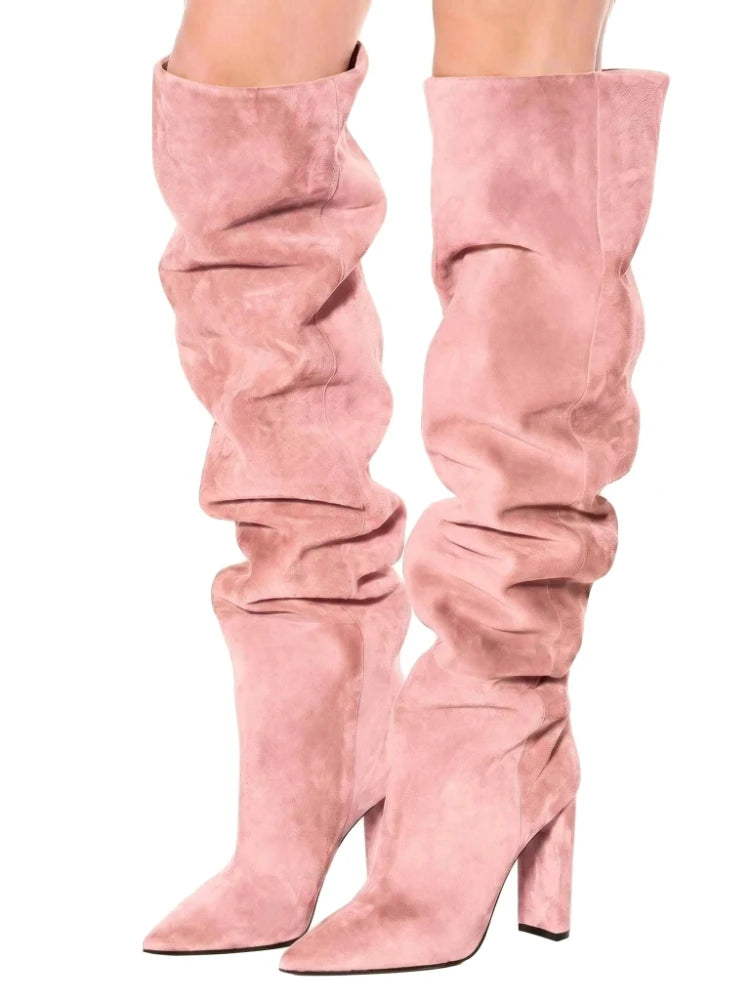 Beige Square Heel Slip-On Over-the-Knee Boots for Women