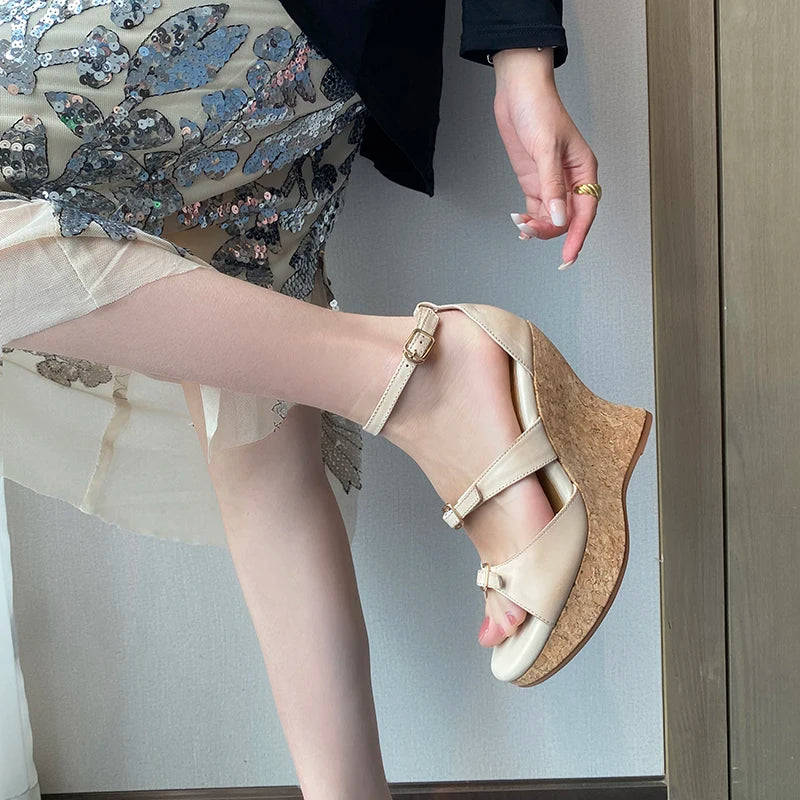 Elegant Apricot Buckle Platform Thick Heel Wedge Sandals for Women