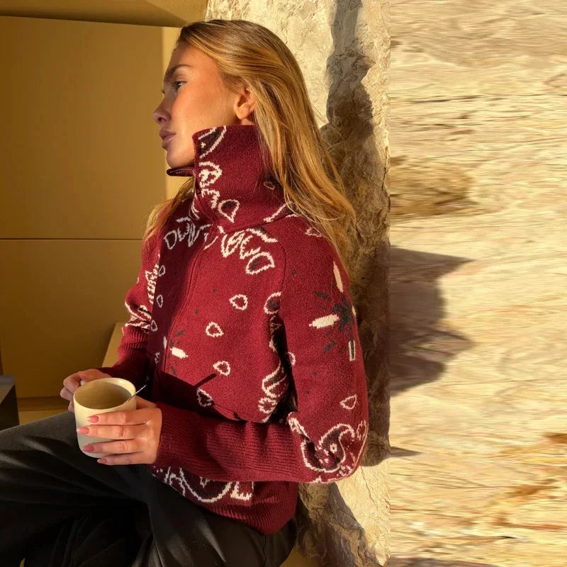 Loose Jacquard Cardigan With Stand Collar And Zipper Pockets For Women