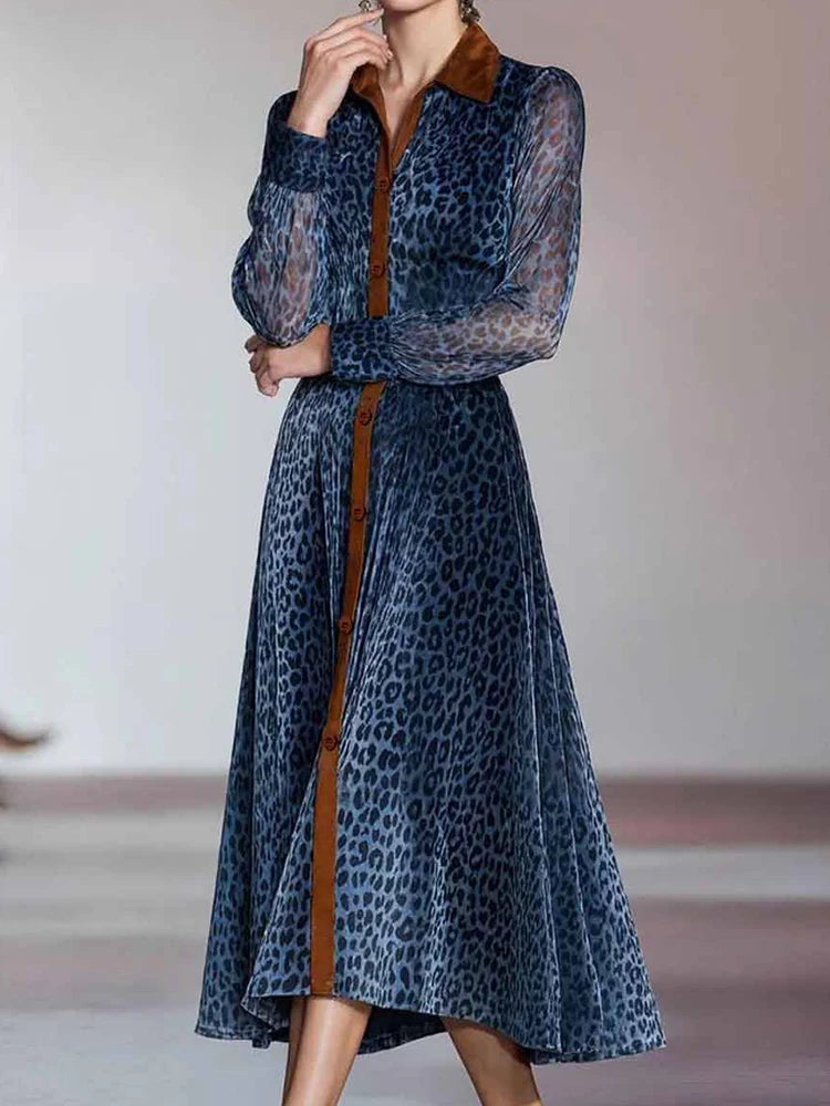 Lapel Retro Patchwork Printing Party Dress, Spring Autumn Women Long Sleeve Chic Maxi Dress, 2025 Buttons Elegant Ladies Dresses