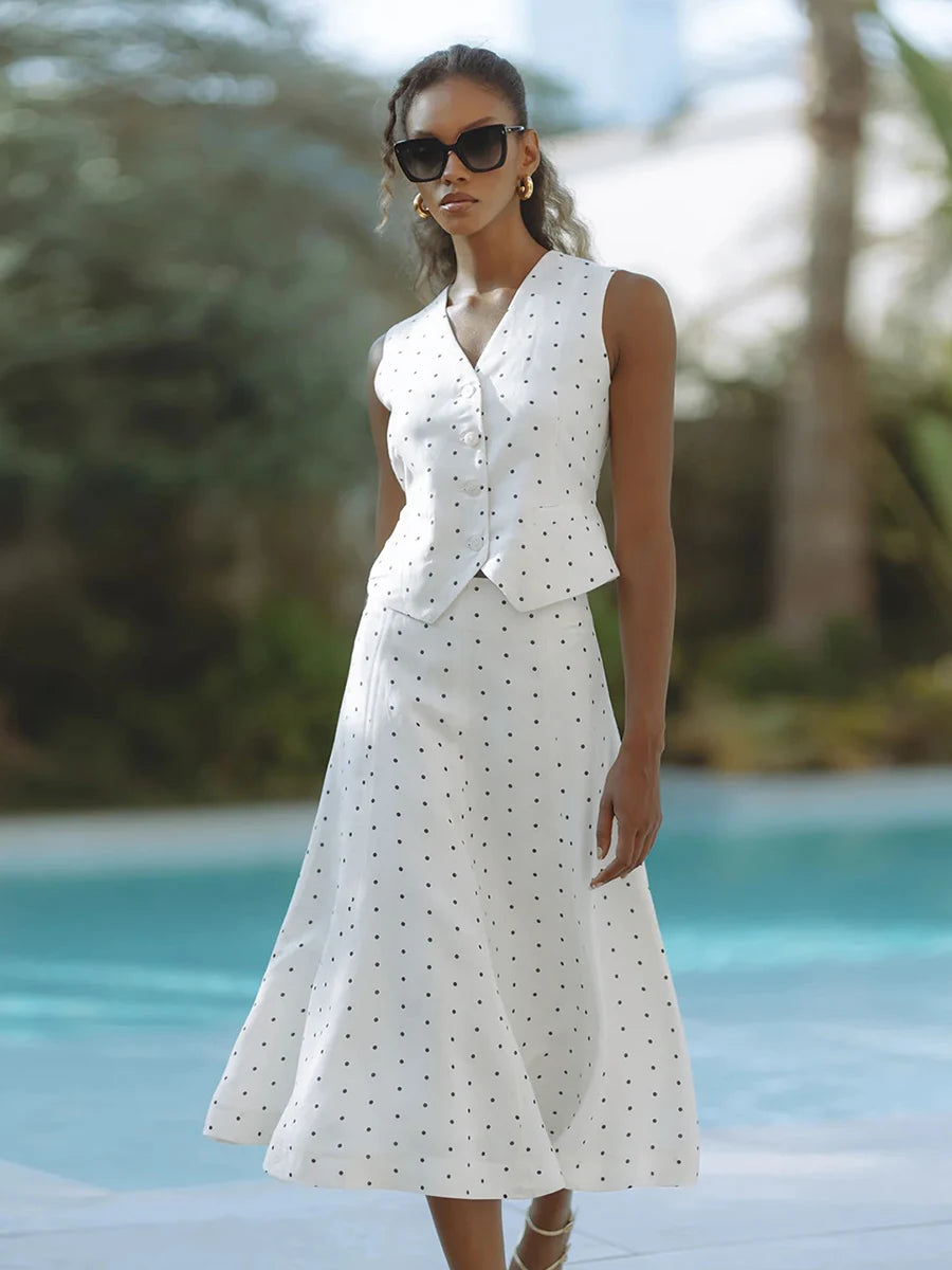 Elegant Polka Dot V Neck Sleeveless Two Piece Set For Women